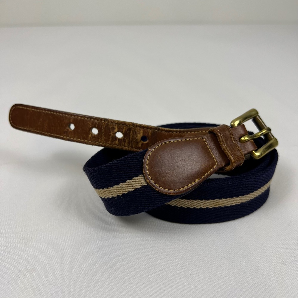 Dooney Bourke Wool Surcingle Belt 36 Navy Tan Leather Solid Brass Good Vintage